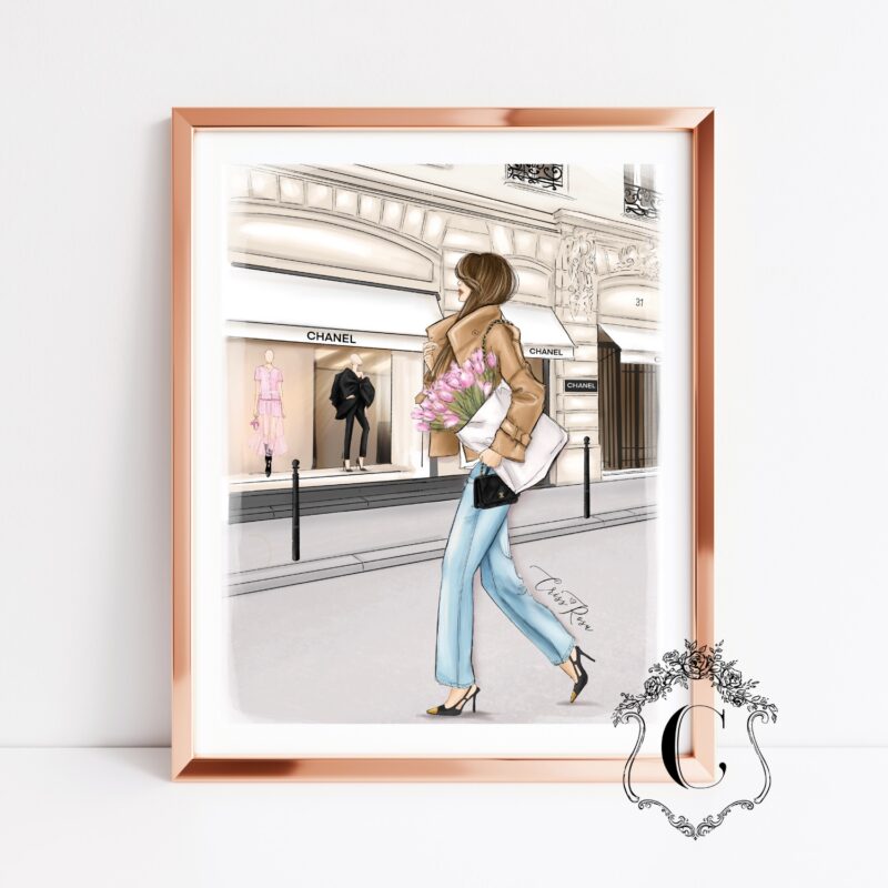 Walking fashion girl illustration with elegant woman carrying pink flowers past Parisian-inspired boutique printable wall art