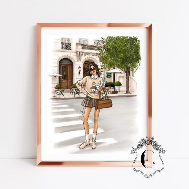 Fashion girl illustration standing in front of iconic coffee shop printable wall art