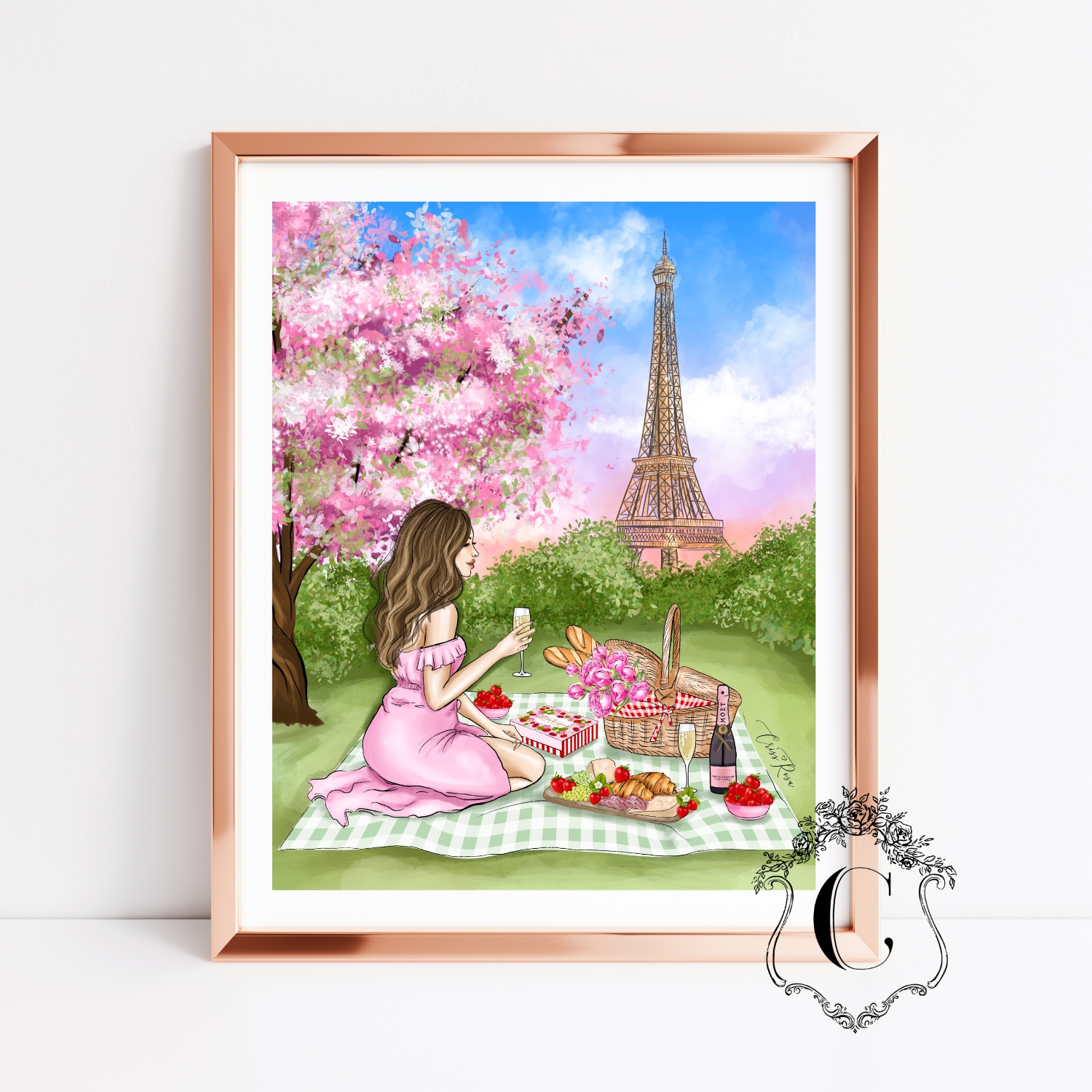 Fashion Illustration13 Parisian picnic fashion illustration with elegant woman near the Eiffel Tower printable wall art