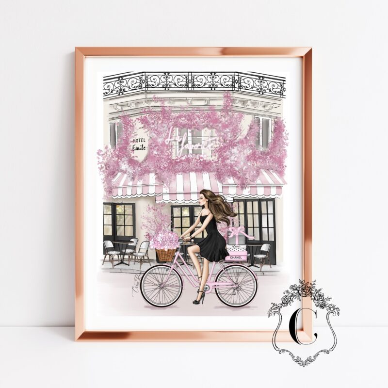 Pink Parisian fashion illustration with elegant woman riding bicycle past romantic flower café printable wall art
