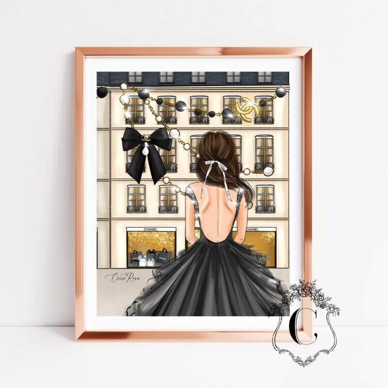 Black dress fashion illustration with elegant woman in dramatic evening gown printable wall art