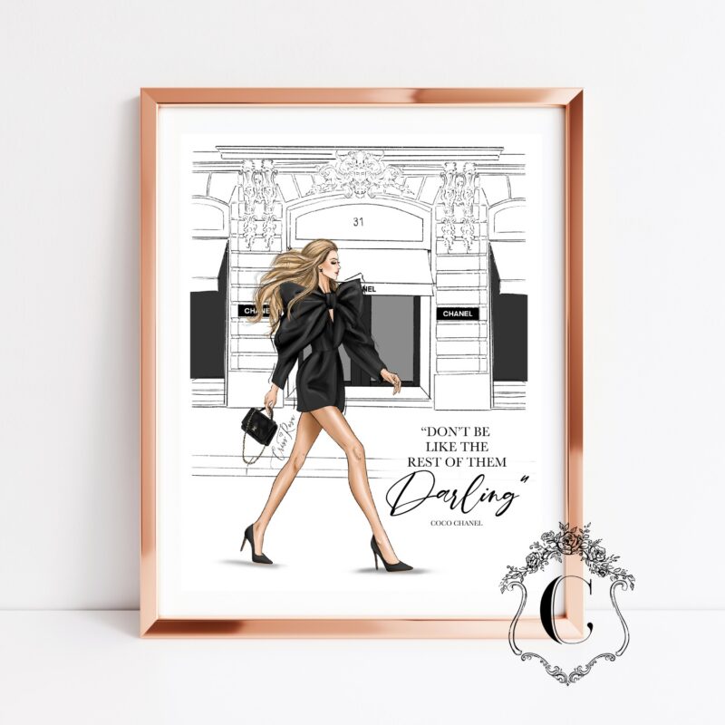 Couture fashion illustration with elegant woman in dramatic black outfit printable wall art