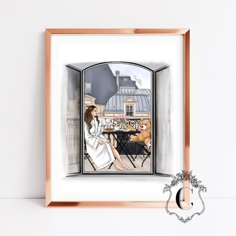 Parisian balcony fashion illustration with elegant woman enjoying breakfast on a romantic balcony printable wall art