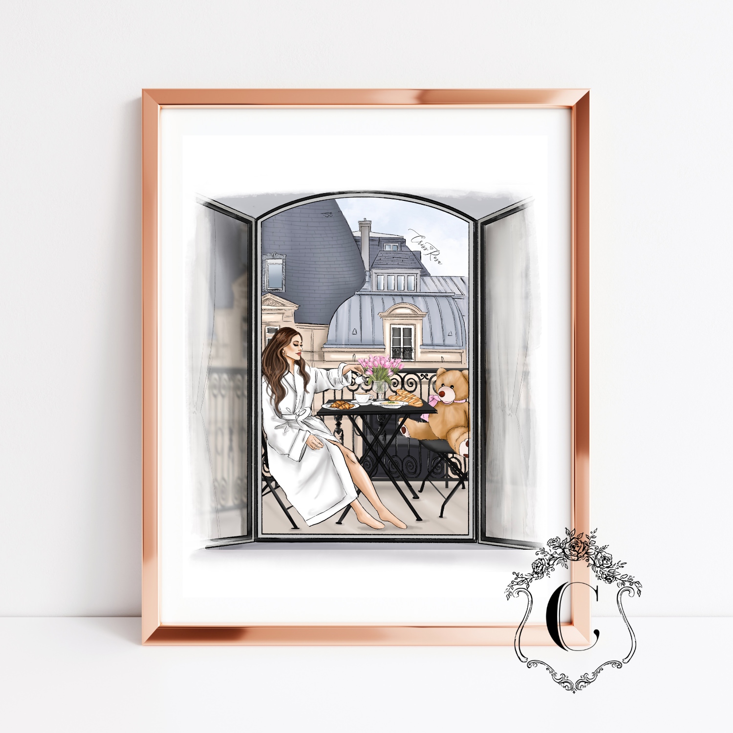 Fashion Illustration17 Parisian balcony fashion illustration with elegant woman enjoying breakfast on a romantic balcony printable wall art