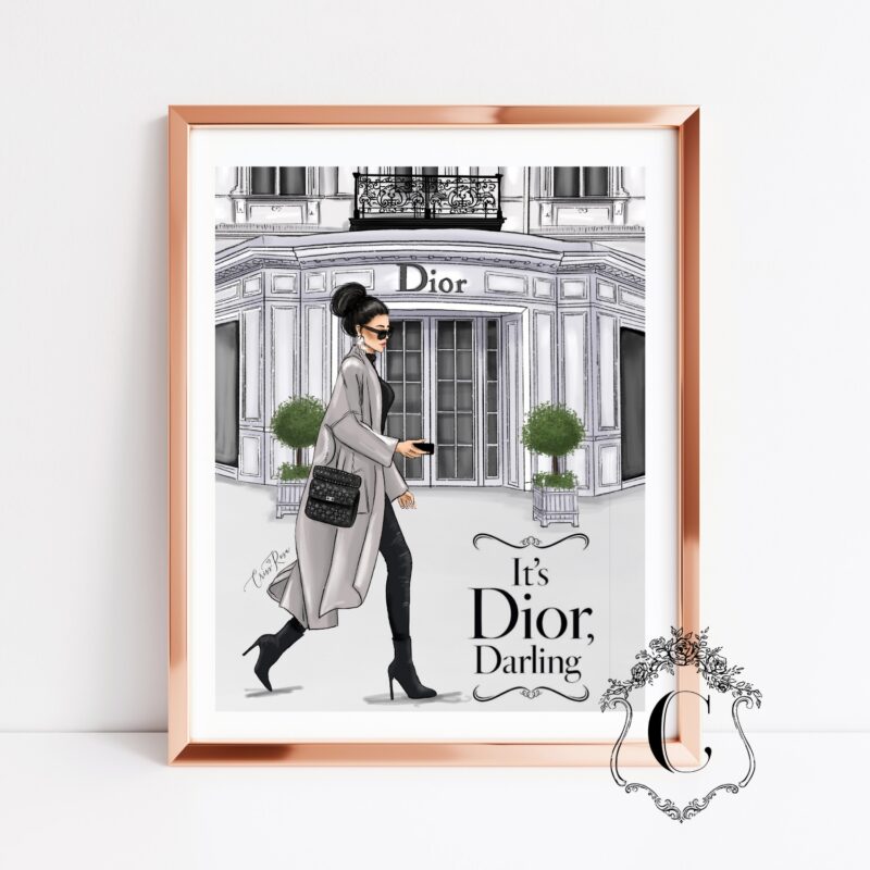 Parisian boutique fashion illustration featuring an elegant woman walking in front of a luxury fashion storefront printable wall art