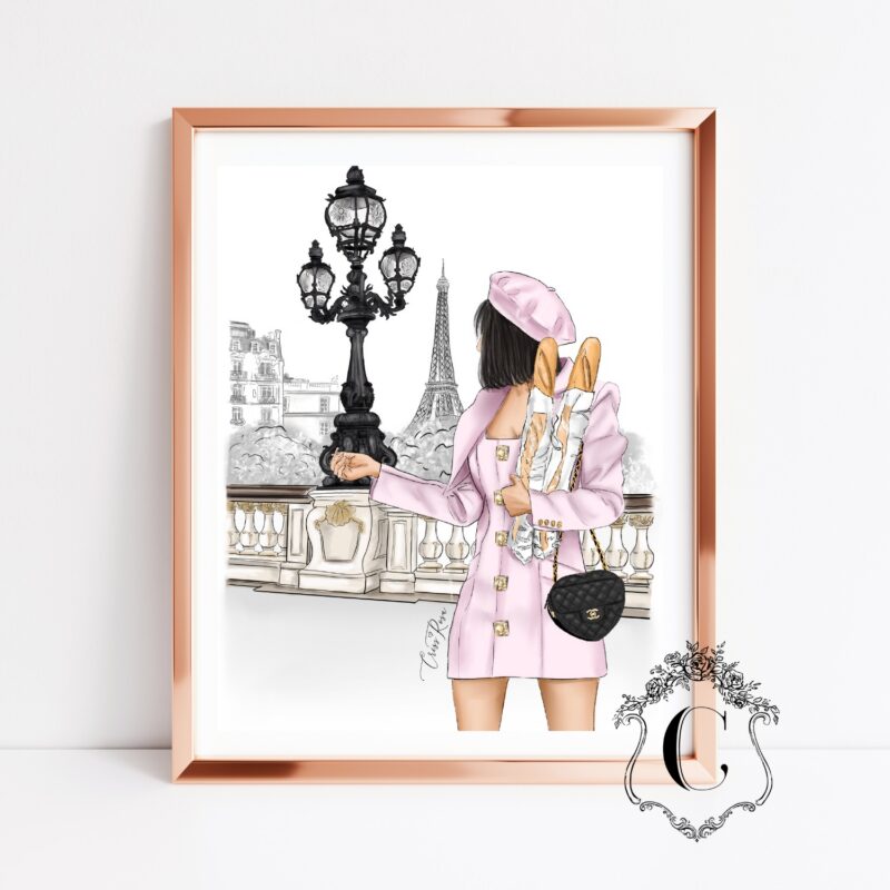 Parisian pink fashion illustration with elegant woman near the Eiffel Tower printable wall art