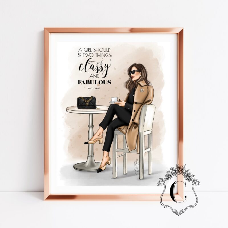 Classy fashion illustration print with elegant woman enjoying coffee printable wall art