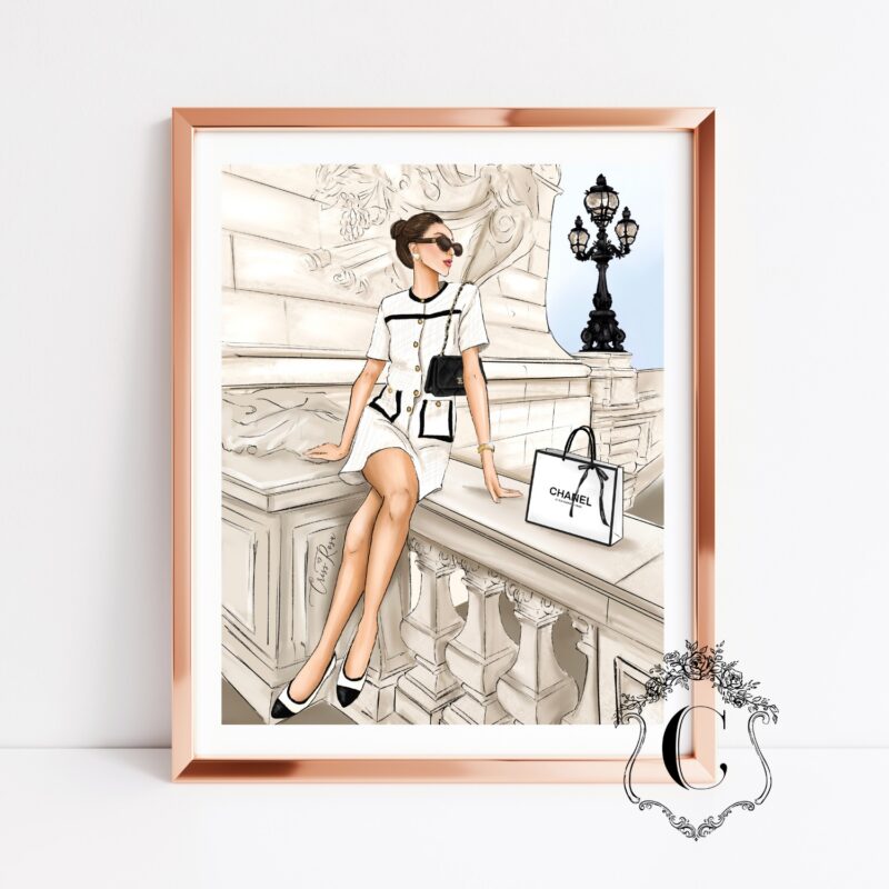 Elegant Parisian fashion illustration with chic woman sitting near a classic Parisian building printable wall art