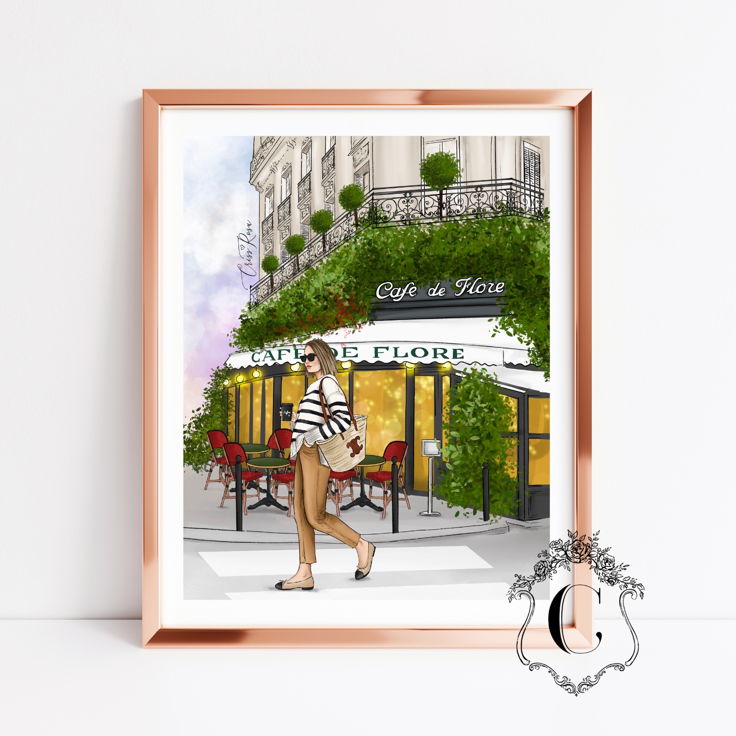 Fashion Illustration6 Fashion girl illustration walking in front of Café de Flore in Paris printable wall art