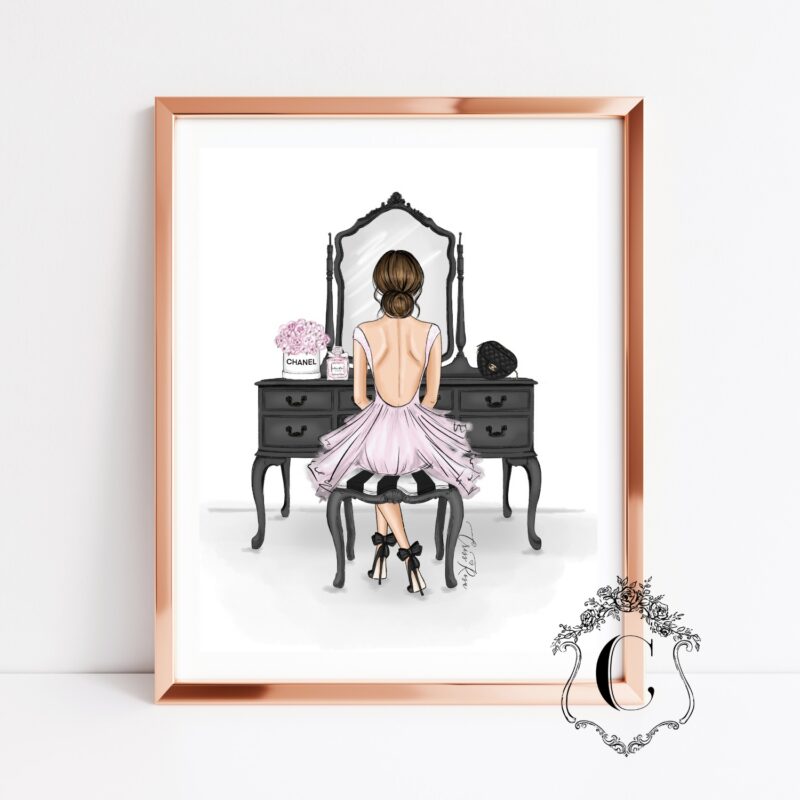 Blush pink fashion illustration with elegant woman sitting at a chic vanity table printable wall art