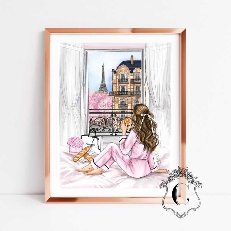 Parisian window fashion illustration with elegant woman enjoying morning view of the Eiffel Tower printable wall art