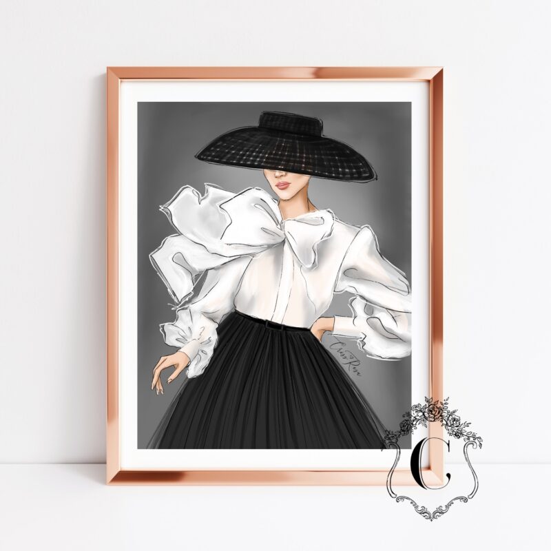Black and white fashion illustration with elegant woman wearing oversized hat and couture-inspired outfit printable wall art